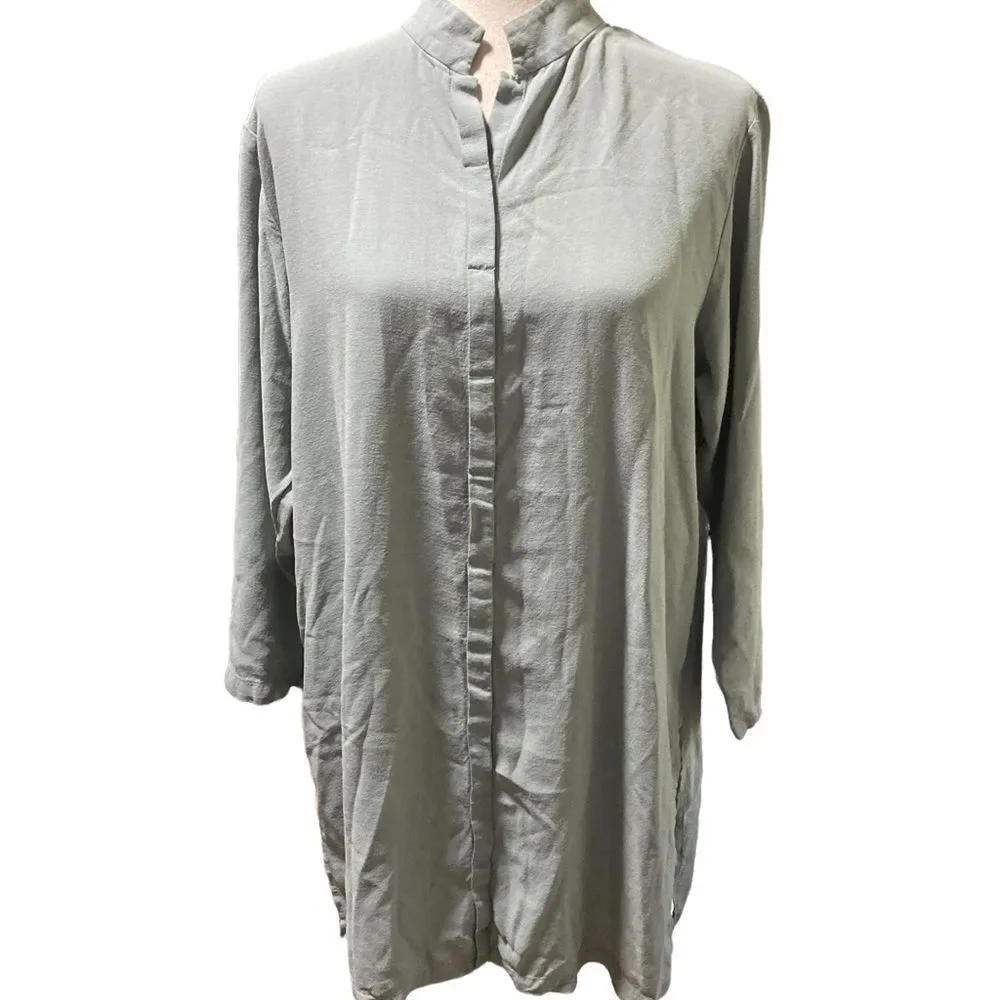 Eileen Fisher Moss Green Silk long tunic top with high slits on the sides-medium